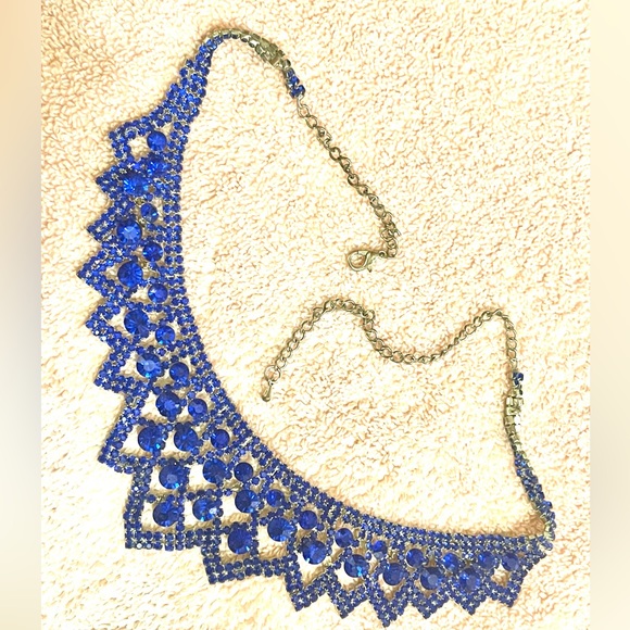 Crystal blue persuasion bib necklace adjustable geometric design sparkly ST 90s - Picture 2 of 5